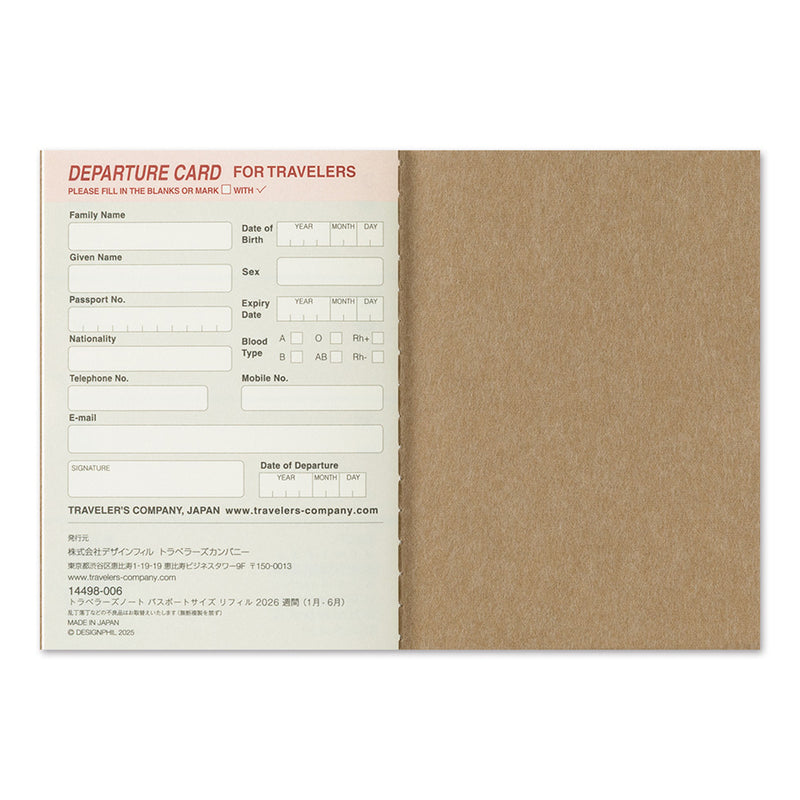 2026 Traveler's Company - Diary Insert - Passport Size - Weekly Horizontal Planner