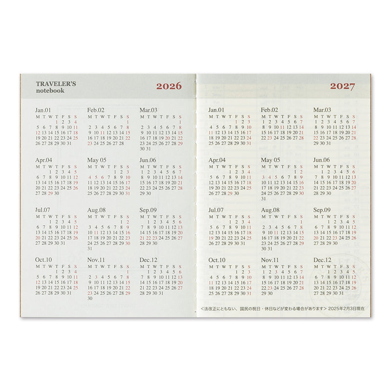 2026 Traveler's Company - Diary Insert - Passport Size - Weekly Horizontal Planner