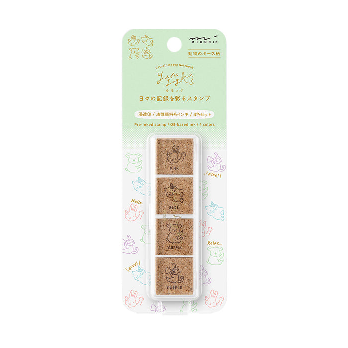 MIDORI - Yuru Log Stamp Set - Oil Based Ink (paintable) - Animal Poses