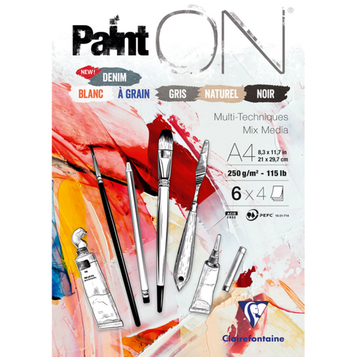 CLAIREFONTAINE Paint'On Mixed Media Pad (250gsm) - A4 - 24 Sheets - 6 Assorted Colours