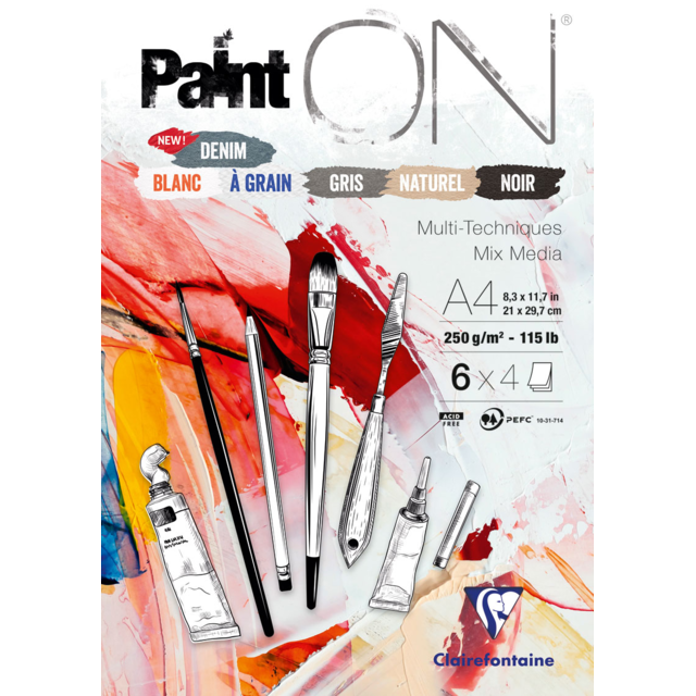 CLAIREFONTAINE Paint'On Mixed Media Pad (250gsm) - A4 - 24 Sheets - 6 Assorted Colours