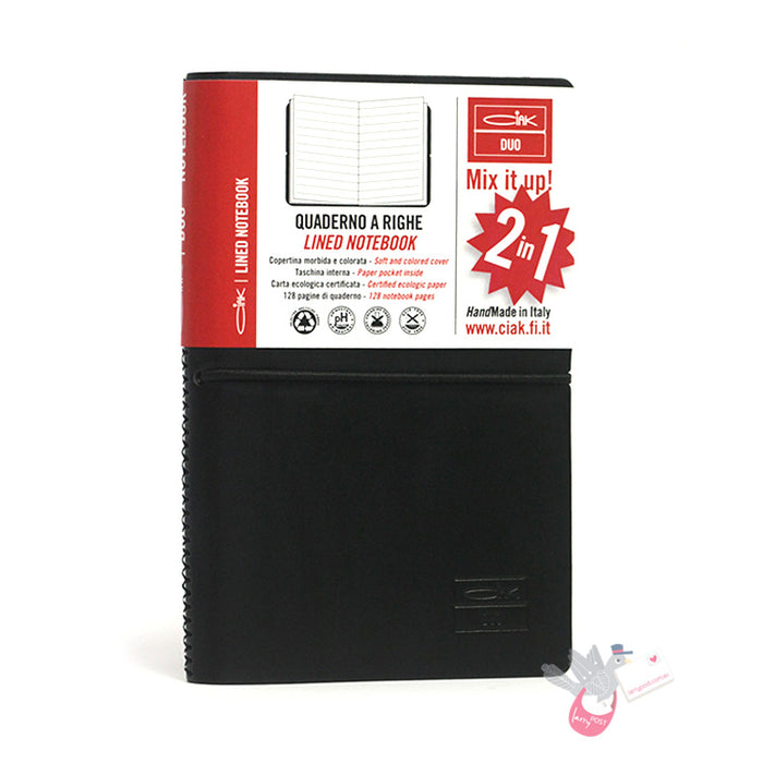 CIAK Duo Bonded Leather Cover Notebook (A6) - Plain and Ruled Pages - Essential Edition - Black / White