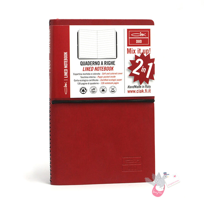 CIAK Duo Bonded Leather Cover Notebook - Pocket (A6) - Plain and Ruled Pages - Little Devil Edition - Black / Red