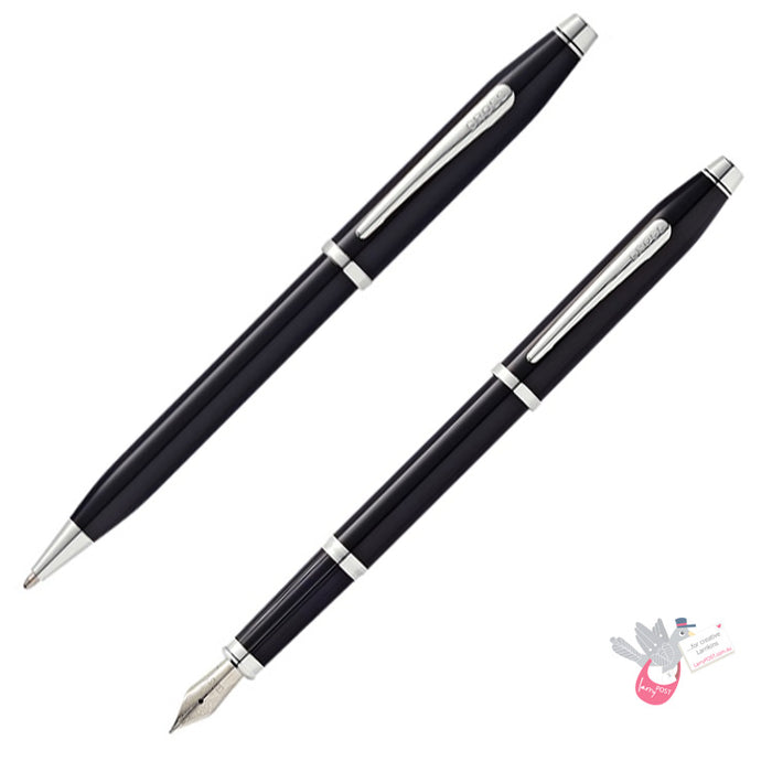 CROSS Century II Ballpoint and Fountain Pen (M) Set - Black Lacquer/Chrome Duo