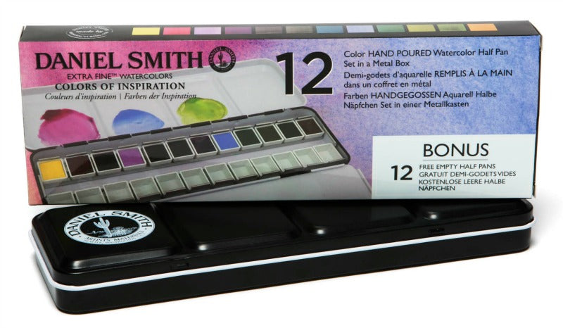 DANIEL SMITH Hand Poured Watercolour Half Pans Metal Box - 12 Colours of Inspiration