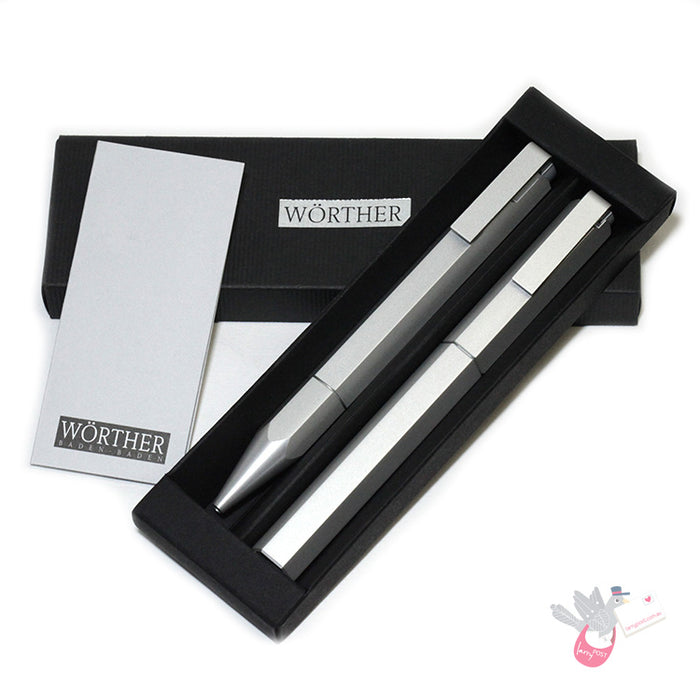 WORTHER Compact Fountain Pen (Medium Nib) and Ballpoint Set - Anodised Aluminium