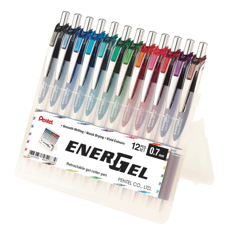 PENTEL Energel Retractable BL77 Gel Roller Pen (Stand Up Case) - 0.7mm - Set 12 (Primaries)