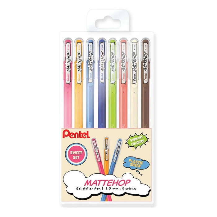 PENTEL Mattehop Gel Roller Pen Wallet - Broad (1.0mm) - Set of 8