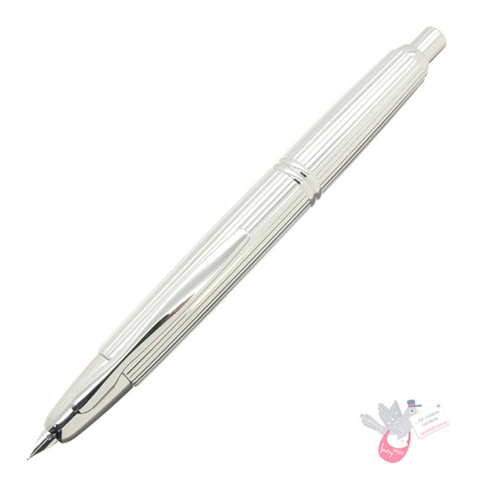 PILOT Capless (Vanishing Point) Fountain Pen (18ct Gold Nib & Converter-40) - Polished Striped Steel (Silver Colour) - Extra Fine Nib