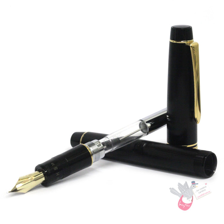PILOT Justus 95 Fountain Pen (14ct Gold Adjustable Nib and Con-70) - Pinstripe Design - Black - Medium Nib