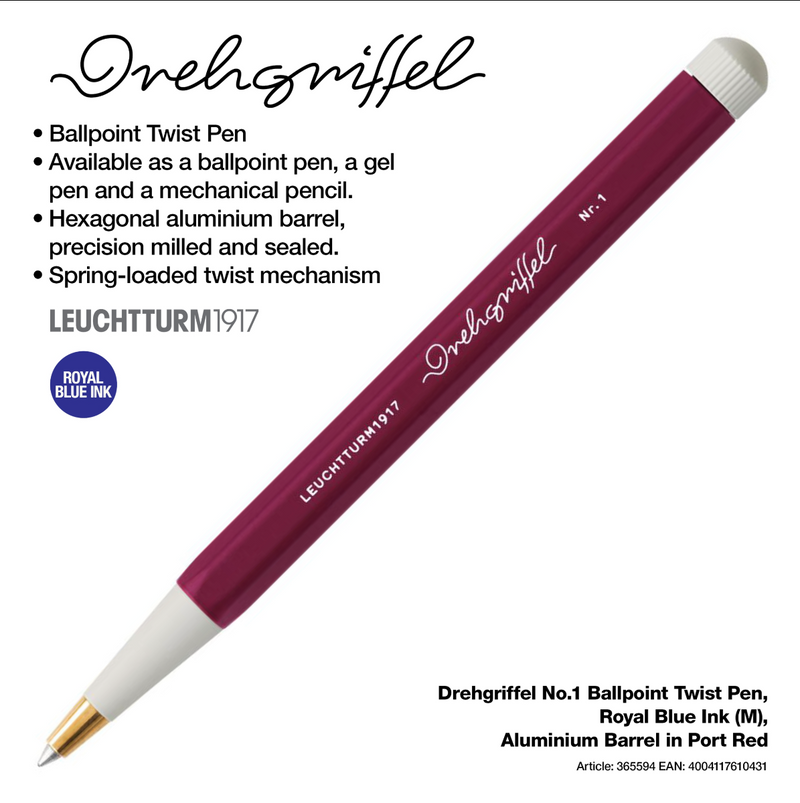 Drehgriffel No.1 Ballpoint Twist Pen - Royal Blue Ink (M) - Aluminium Barrel in Port Red