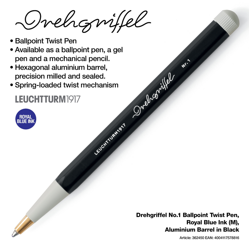 Drehgriffel No.1 Ballpoint Twist Pen - Royal Blue Ink (M) - Aluminium Barrel in Black