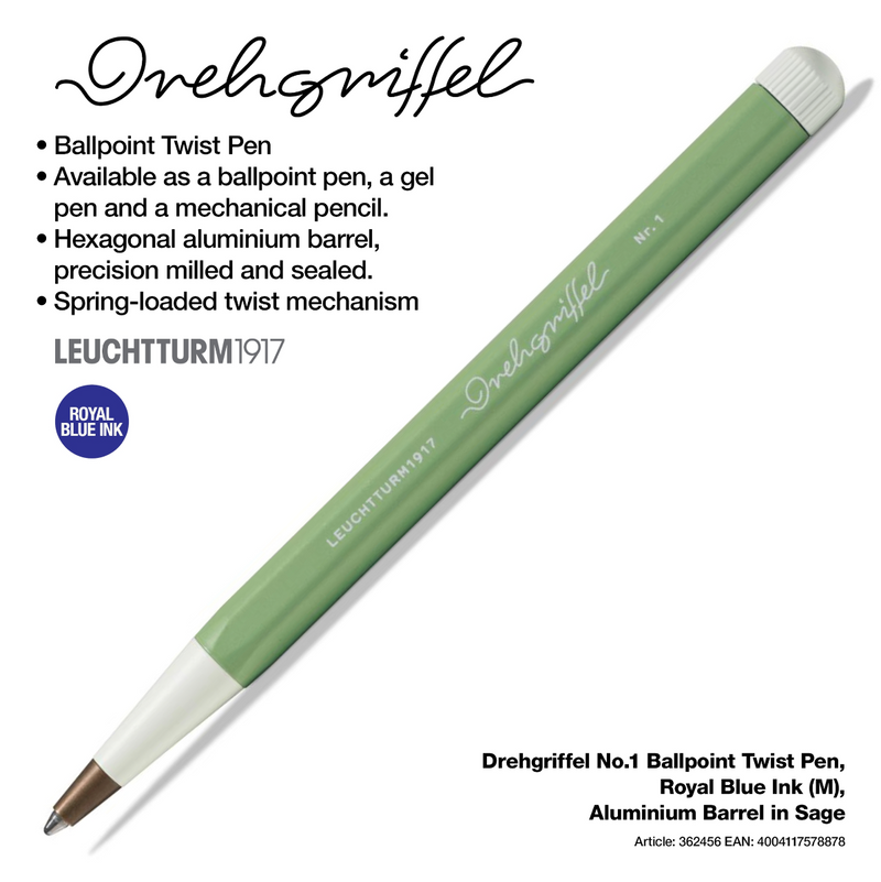 Drehgriffel No.1 Ballpoint Twist Pen - Royal Blue Ink (M) - Aluminium Barrel in Sage