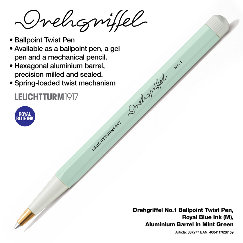Drehgriffel No.1 Ballpoint Twist Pen - Royal Blue Ink (M) - Aluminium Barrel in Mint Green