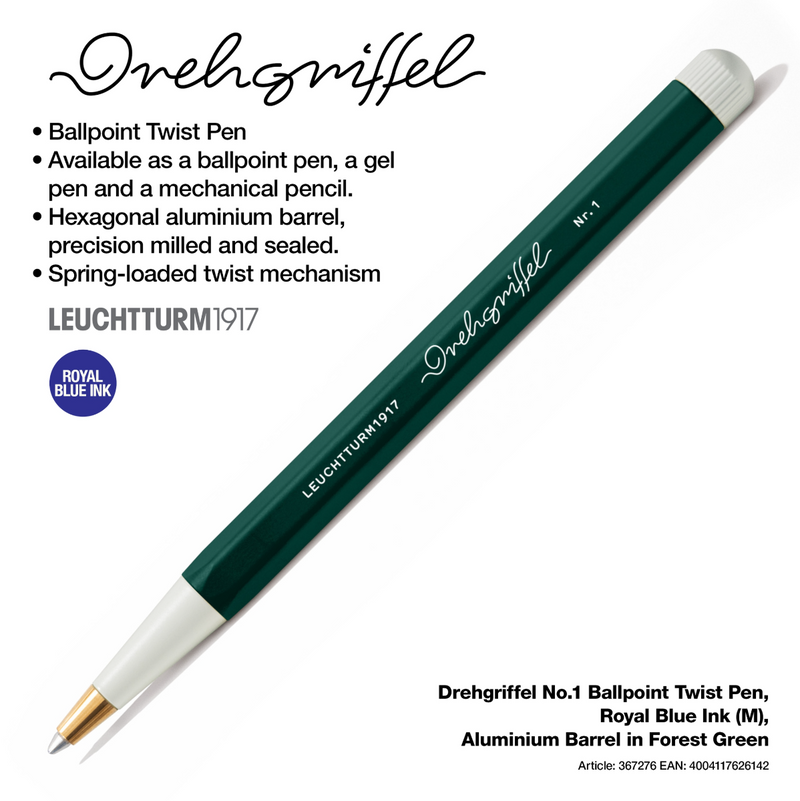 Drehgriffel No.1 Ballpoint Twist Pen - Royal Blue Ink (M) - Aluminium Barrel in Forest Green