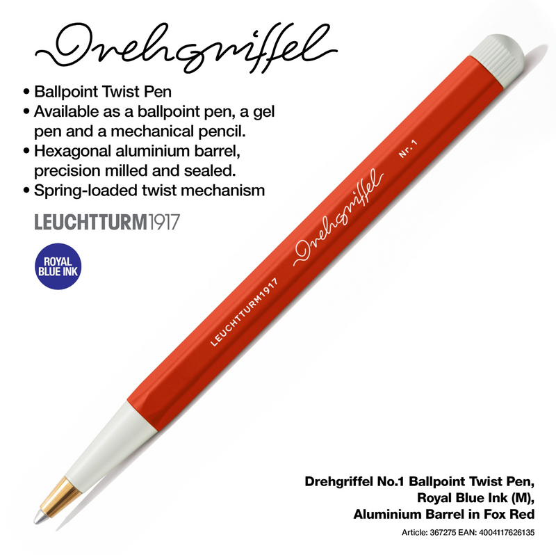 Drehgriffel No.1 Ballpoint Twist Pen - Royal Blue Ink (M) - Aluminium Barrel in Fox Red