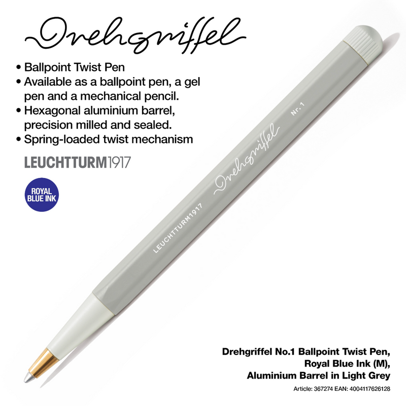 Drehgriffel No.1 Ballpoint Twist Pen - Royal Blue Ink (M) - Aluminium Barrel in Light Grey