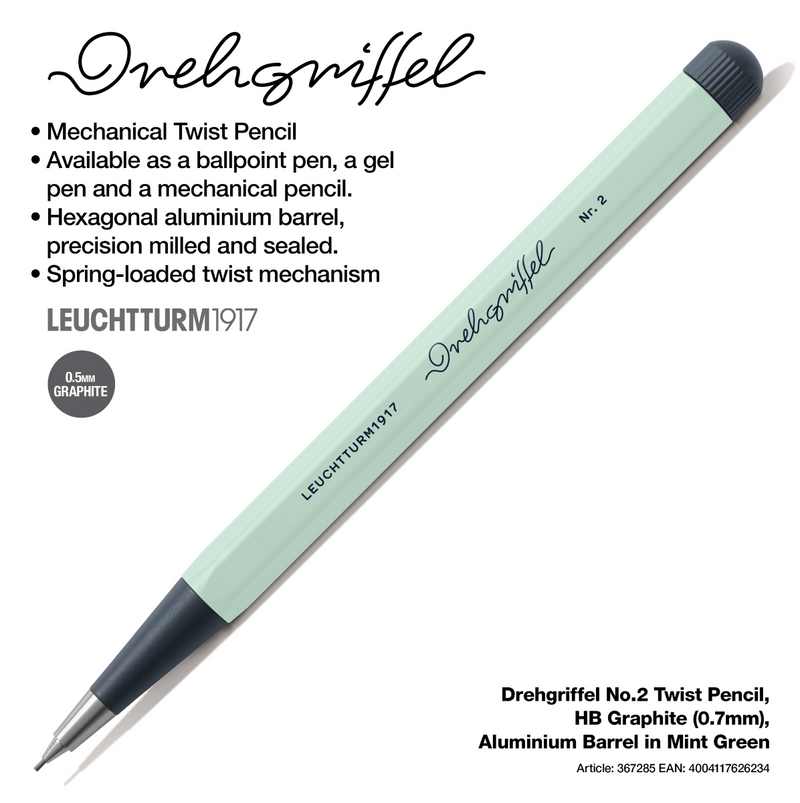 Drehgriffel No.2 Twist Pencil - HB Graphite (0.7mm) - Aluminium Barrel in Mint Green