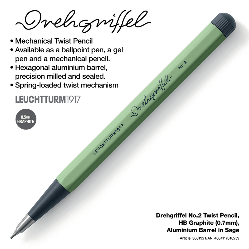 Drehgriffel No.2 Twist Pencil - HB Graphite (0.7mm) - Aluminium Barrel in Sage