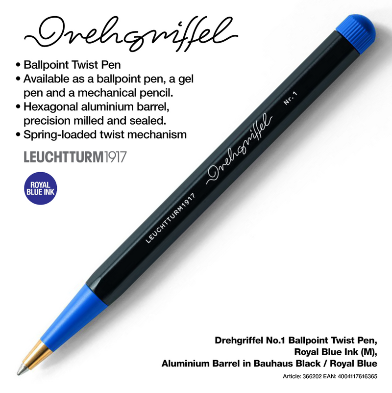 Drehgriffel No.1 Ballpoint Twist Pen - Royal Blue Ink (M) - Aluminium Barrel in Bauhaus Black / Royal Blue