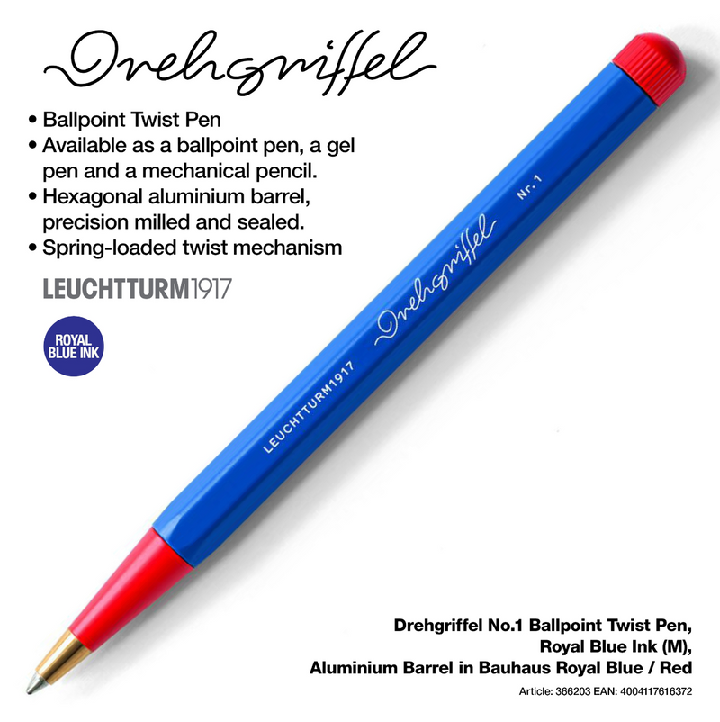 Drehgriffel No.1 Ballpoint Twist Pen - Royal Blue Ink (M) - Aluminium Barrel in Bauhaus Royal Blue / Red