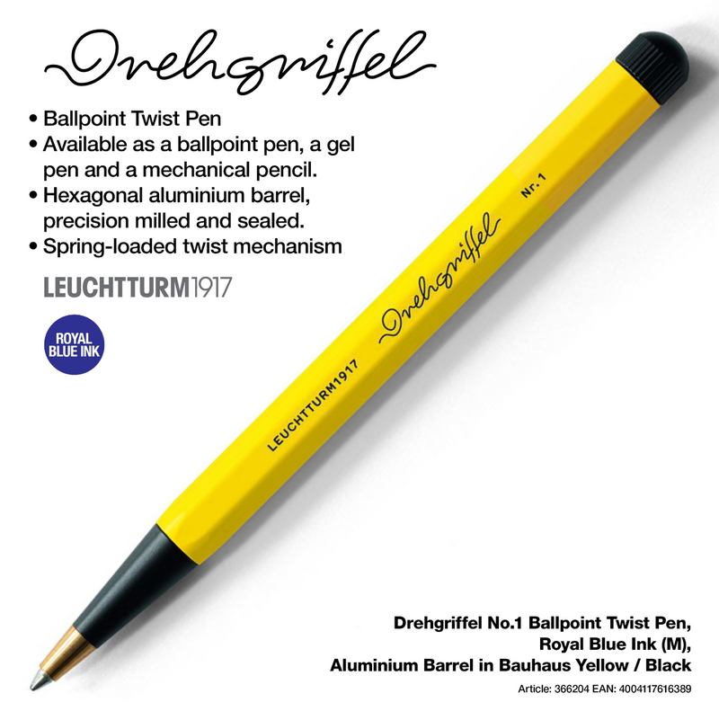 Drehgriffel No.1 Ballpoint Twist Pen - Royal Blue Ink (M) - Aluminium Barrel in Bauhaus Yellow / Black