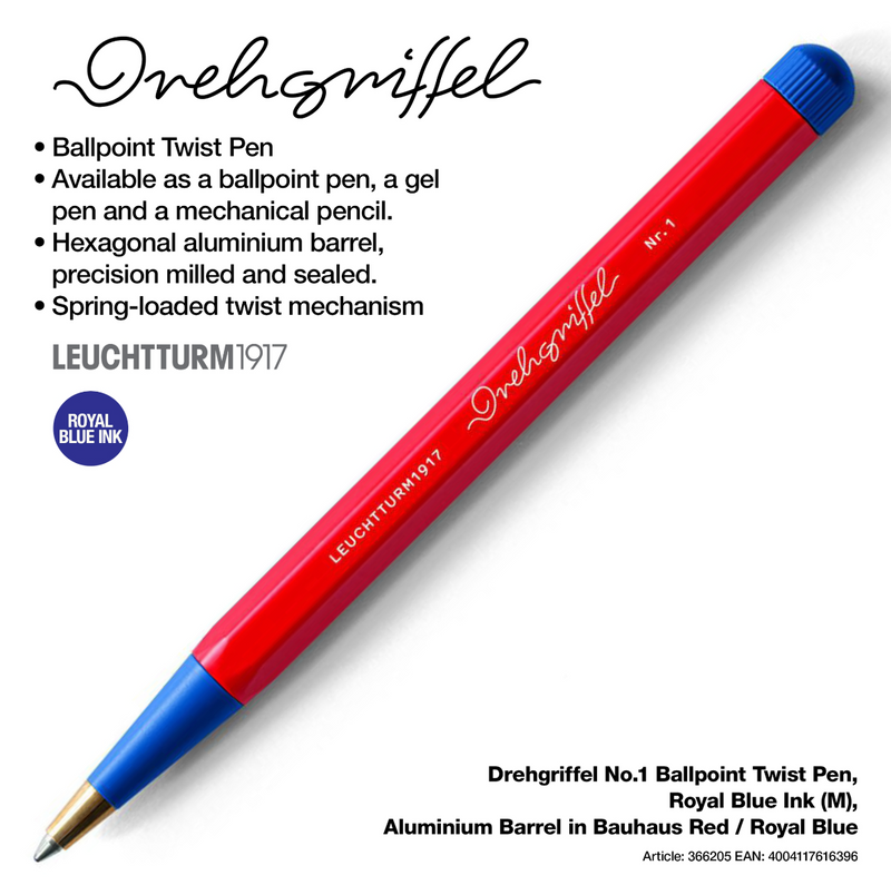 Drehgriffel No.1 Ballpoint Twist Pen - Royal Blue Ink (M) - Aluminium Barrel in Bauhaus Red / Royal Blue