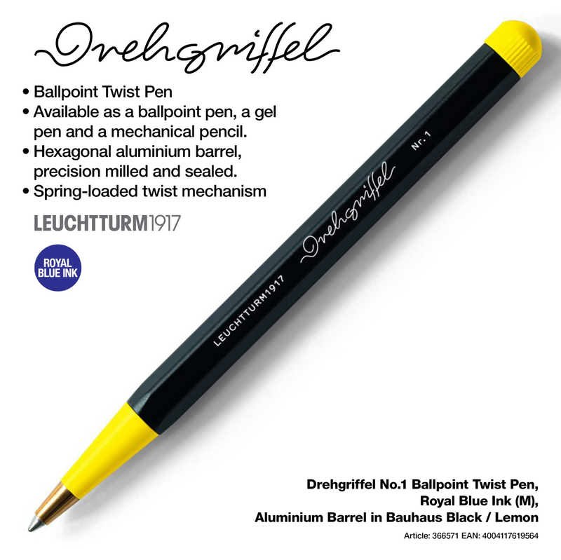 Drehgriffel No.1 Ballpoint Twist Pen - Royal Blue Ink (M) - Aluminium Barrel in Bauhaus Black / Lemon Yellow