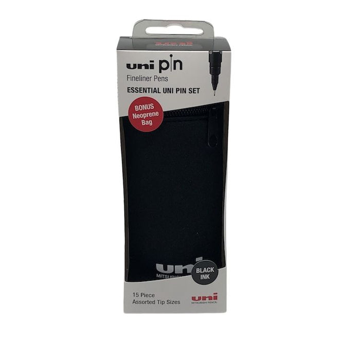 UNI PIN Fine Line Pen - Essential Set 15 - Black (Bonus Neoprene Bag)