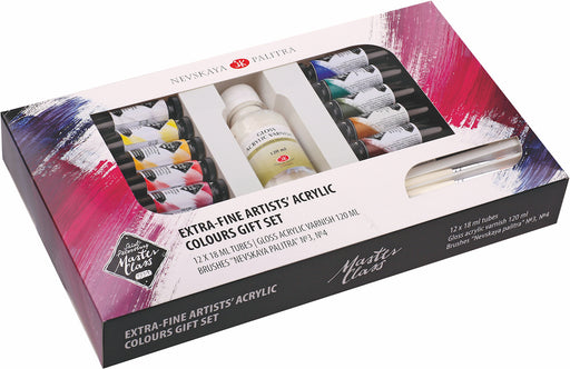 NEVSKAYA PALITRA Master Class Extra-Fine Artists Acrylics Gift Set - 12 x 18mL (plus 120mL Varnish, 2 Brushes)