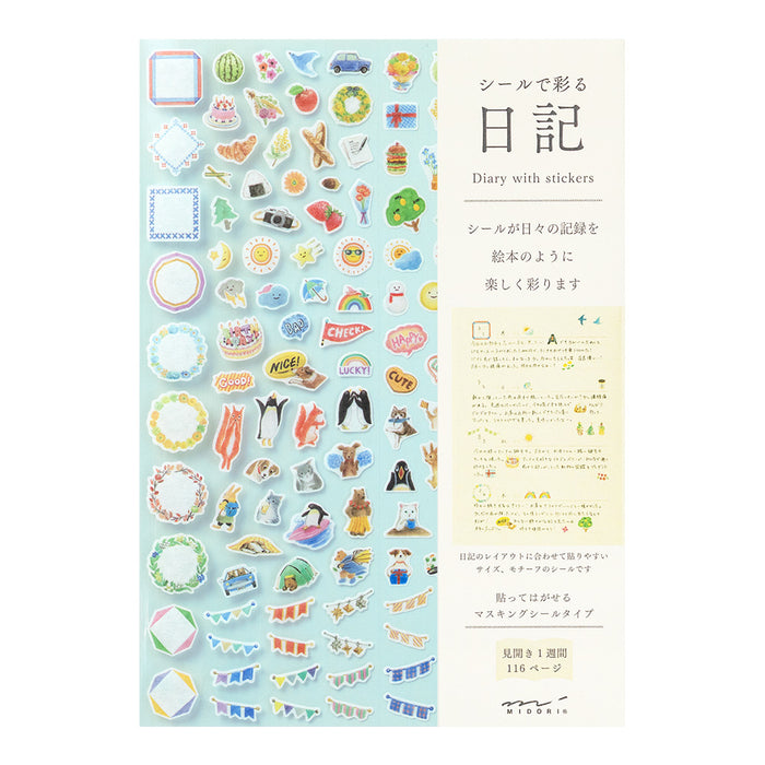 MIDORI - Undated 1 Year Diary with Sticker Set - Weekly Horizontal - A5 - Blue - A5