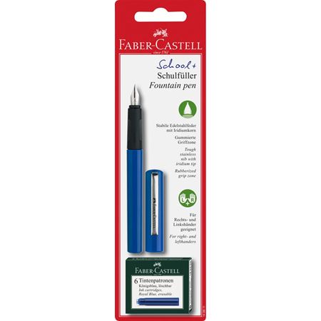 FABER-CASTELL School Plus Fountain Pen Kit (includes 6 blue ink cartridges) - Med A Nib - Blue