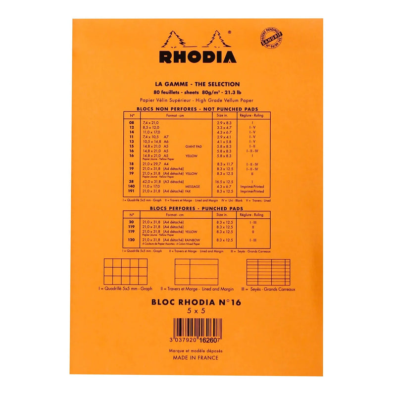 RHODIA No. 16 Top-Stapled Legal Pad (Yellow Paper) - Orange - A5 - Grid