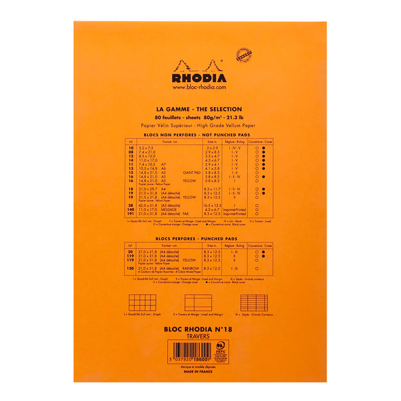RHODIA No. 18 Top-Stapled Pad - Orange - A4 - Ruled