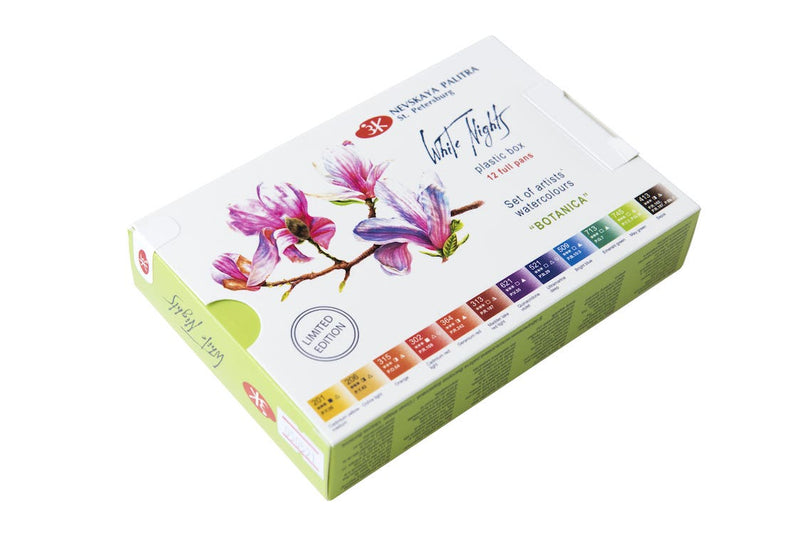 WHITE NIGHTS Limited Edition Artists' Watercolours Set - 12 Full Pans & Plastic Palette - Botanica 
