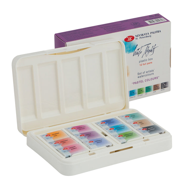 WHITE NIGHTS Artists' Watercolours Set - 12 Full Pans & Plastic Palette - Pastel Colours