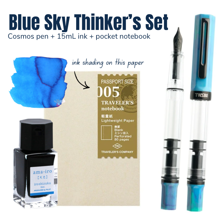 Blue Sky Thinker’s Set (TWSBI Cosmos + 15mL Ama-iro + TC Passport Notebook 005)