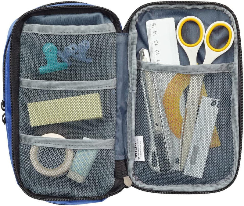 LIHIT LAB - Smart Fit Triple Pen Case (Book-Type) - Triple Zipper  - Blue
