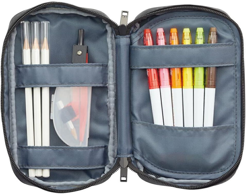 LIHIT LAB - Smart Fit Triple Pen Case (Book-Type) - Triple Zipper  - Blue