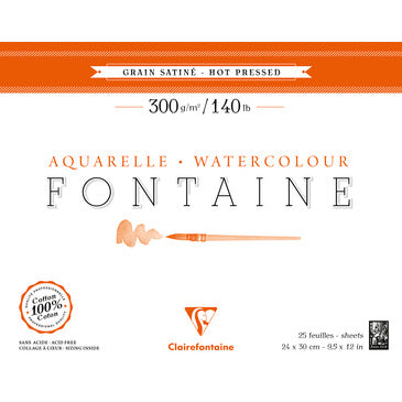 FONTAINE Watercolour Pad  - Hot Press - 300gsm - 100% Cotton - 24 x 30cm - 12 Sheets