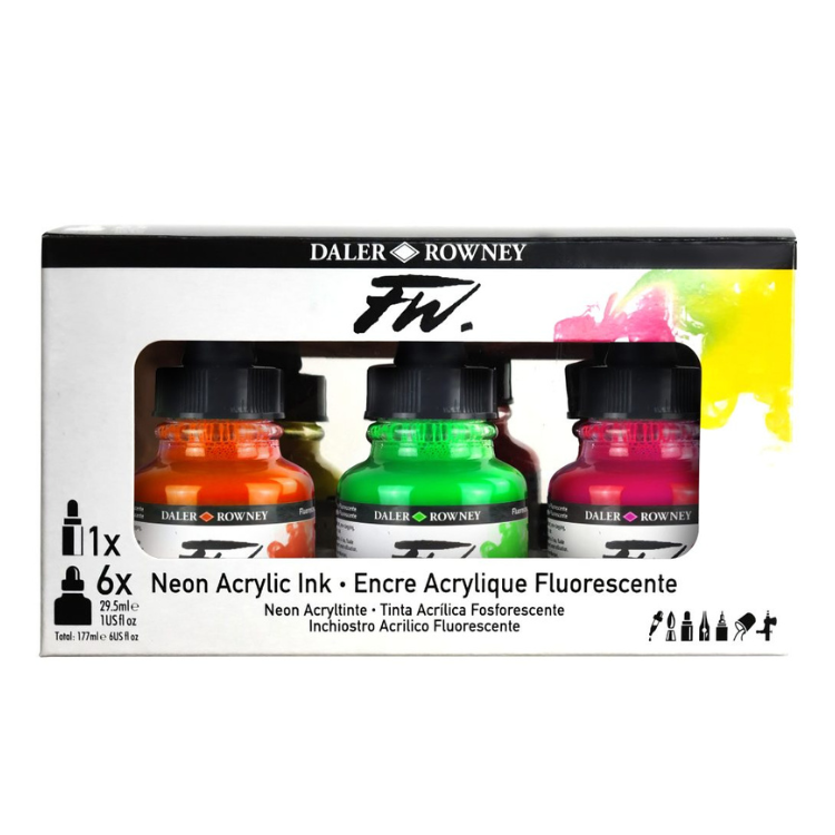 DALER-ROWNEY FW Acrylic Ink - 29.5mL x 6 - Neon Set (includes 1 Marker)