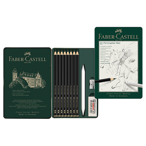 Faber-Castell graphic met set with pencils and tools on a white background