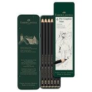 Faber-Castell Pitt Graphite Matt pencils in a green metal box on a white background