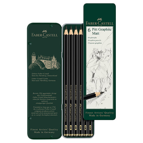 Faber-Castell Pitt Graphite Matt pencils in a green metal box on a white background