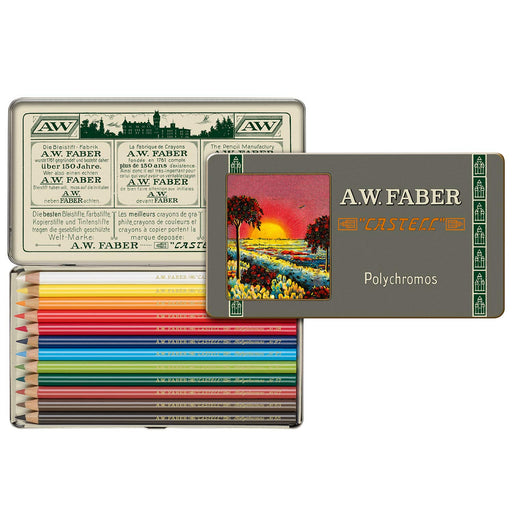 A.W. Faber Polychromos colored pencils set with packaging on a white background