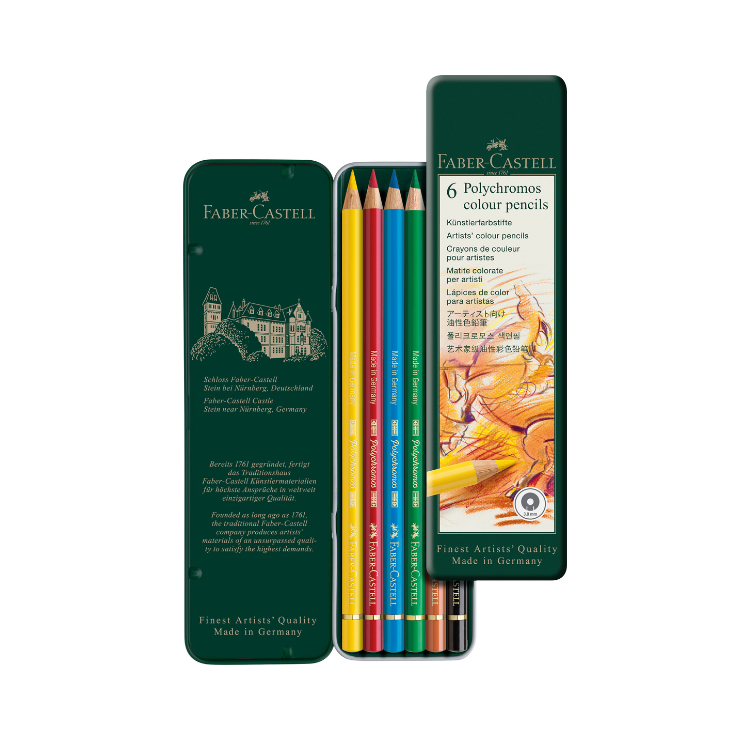 FABER-CASTELL Polychromos Coloured Pencils - Tin of 6