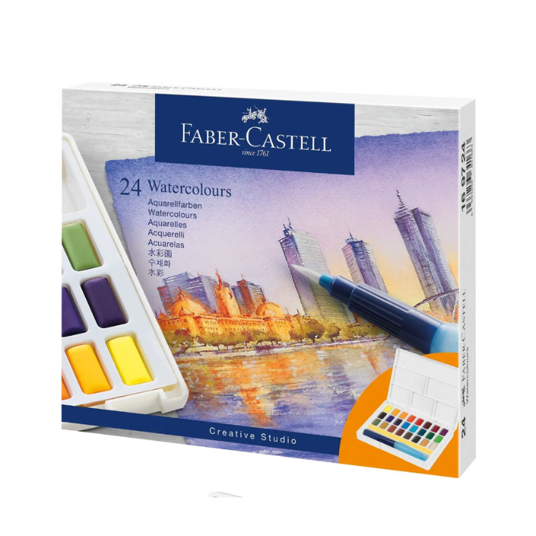 FABER-CASTELL Creative Studio Watercolour Travel Palette - 24 Half Pans & Water Brush