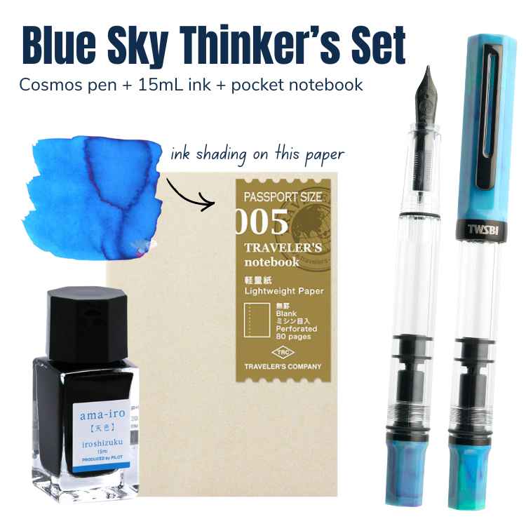 Blue Sky Thinker’s Set (TWSBI Cosmos + 15mL Ama-iro + TC Passport Notebook 005)