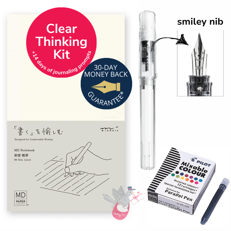 Clear Thinking Kit (Kakuno M, 12 Ink Carts, B6 Notebook & Vinyl Cover, Surprise 5mL Ink, Pipette, Prompts)