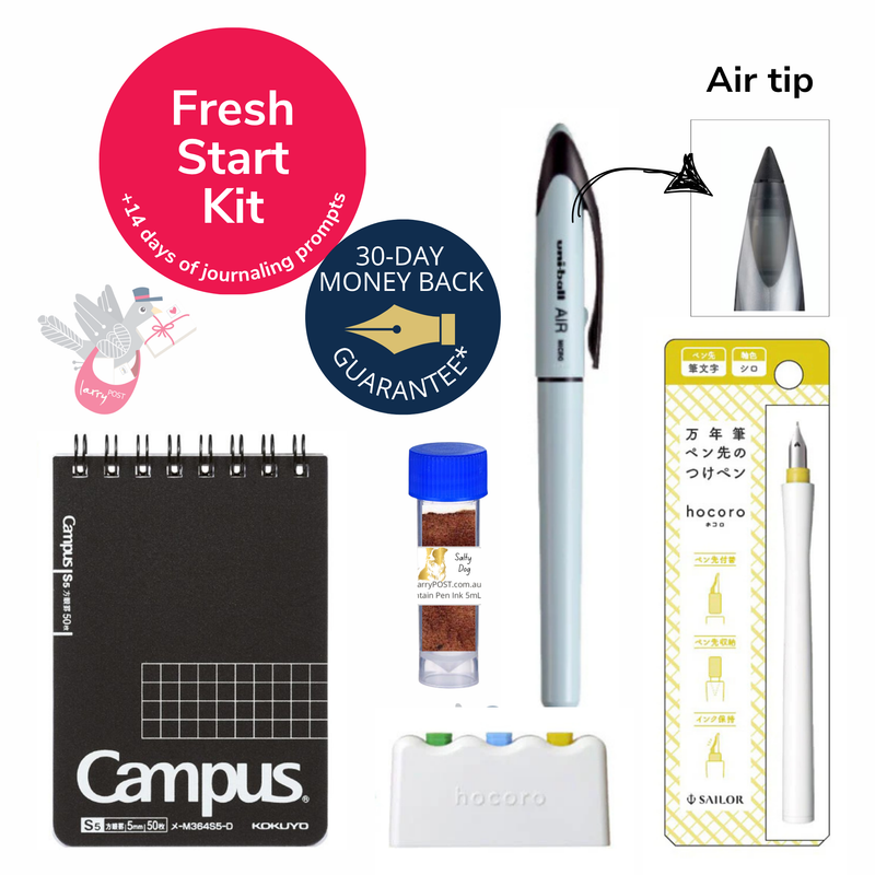 Fresh Start Kit (Salior Fude Dip Pen & Stand, Uni Air, Kokuyo A7 Grid Notepad, 5 x Surprise 5mL Ink, Pipette, Prompts)